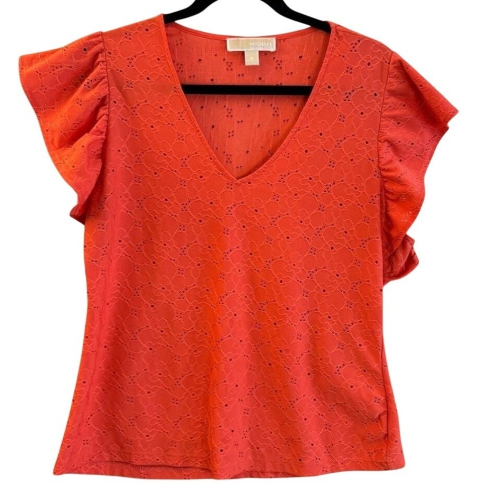 Michael Kors Eyelet Blouse Women Size L Orange Flutter Sleeve V-Neck Top Summer